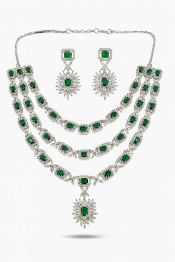 ✨ TAPASVINI Emerald Green 3-Layer AD Necklace Set with Earrings