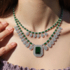 “American Diamond bridal jewellery set with green stones – necklace, earrings, and maang tikka”